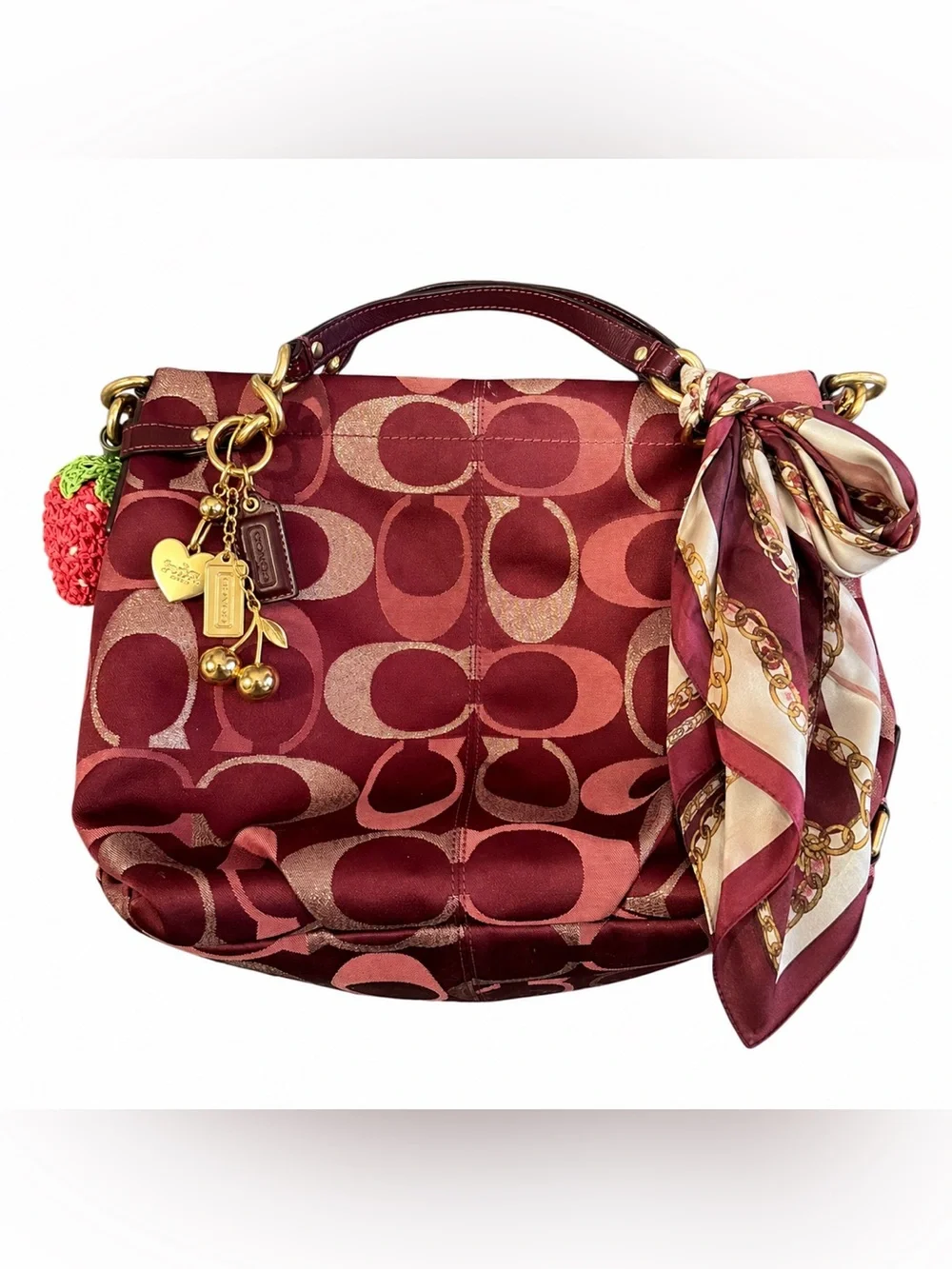 Coach Poppy Signature Sateen Hobo Shoulder Bag Burgundy Pink Metallic Gold Y2K